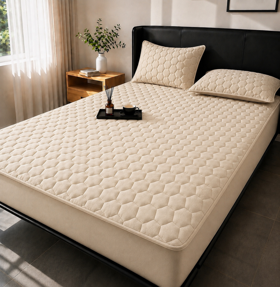 Topper pentru saltea cu elastic,+2 fete de perna Crem deschis